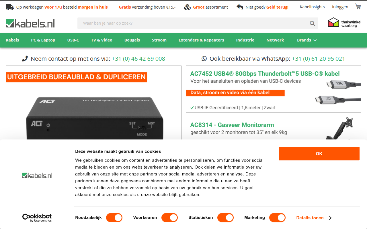 Screenshot van kabels.nl