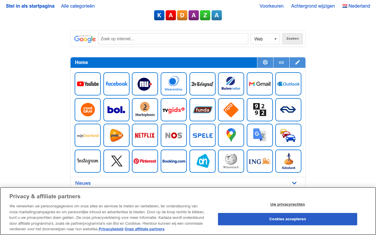 Screenshot van kadaza.nl
