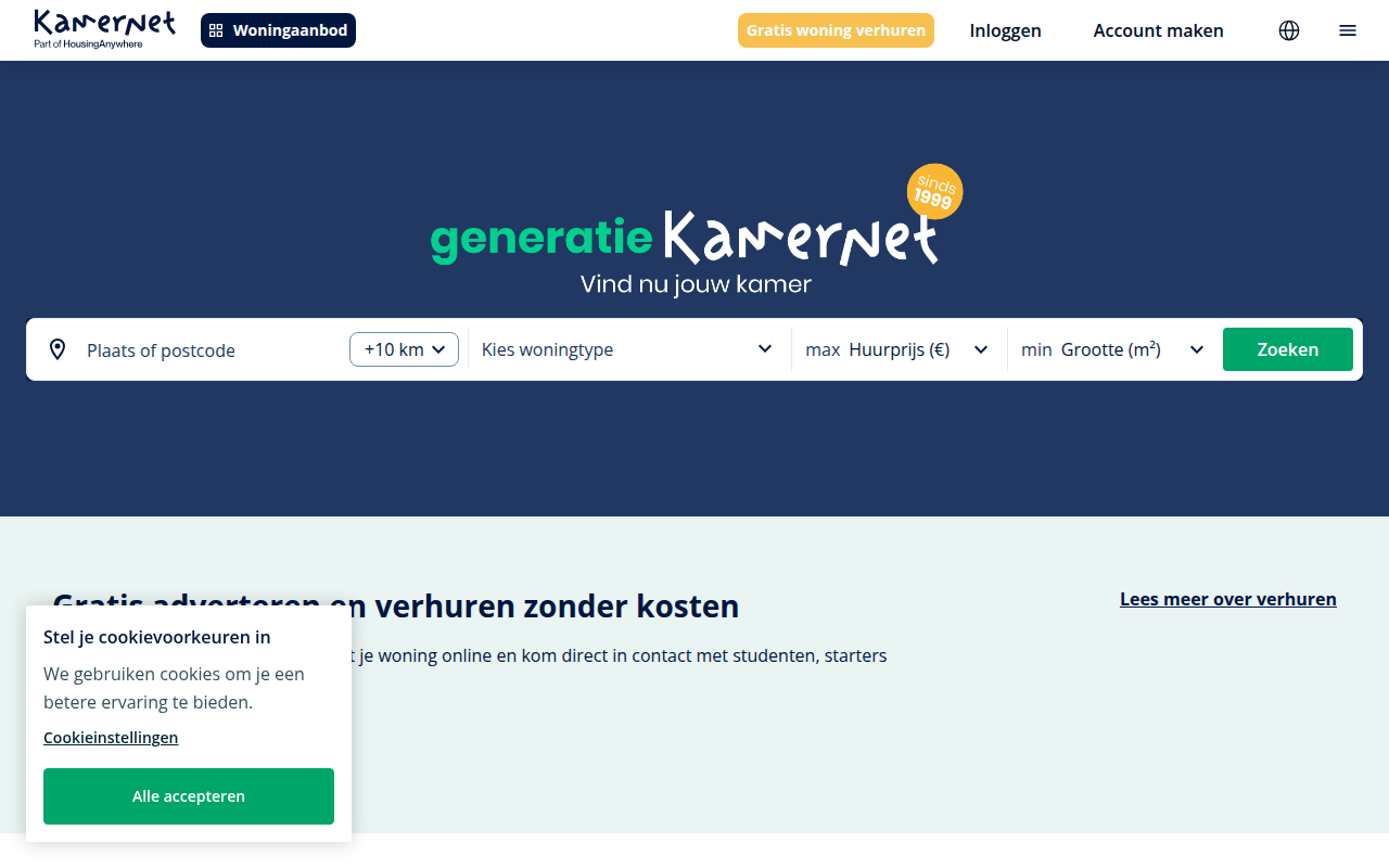Screenshot van kamernet.nl