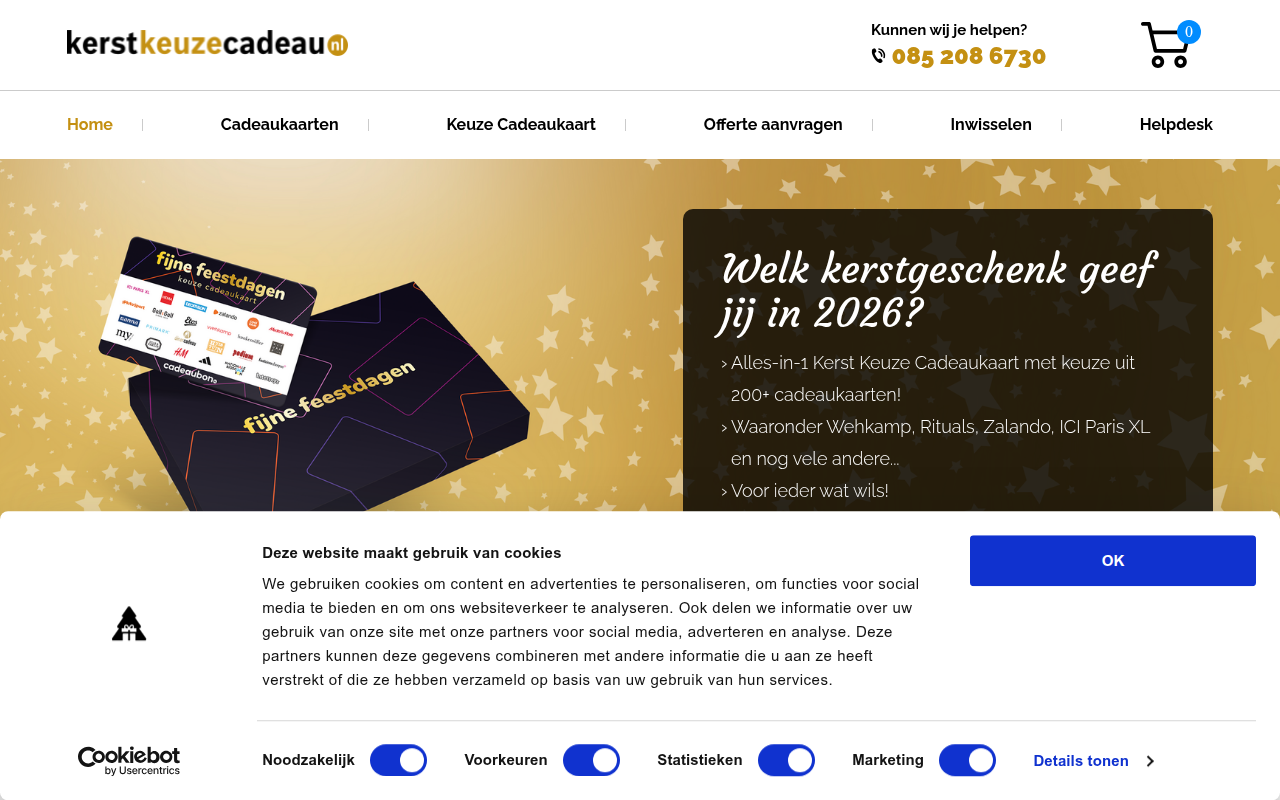 Screenshot van kerstkeuzecadeau.nl