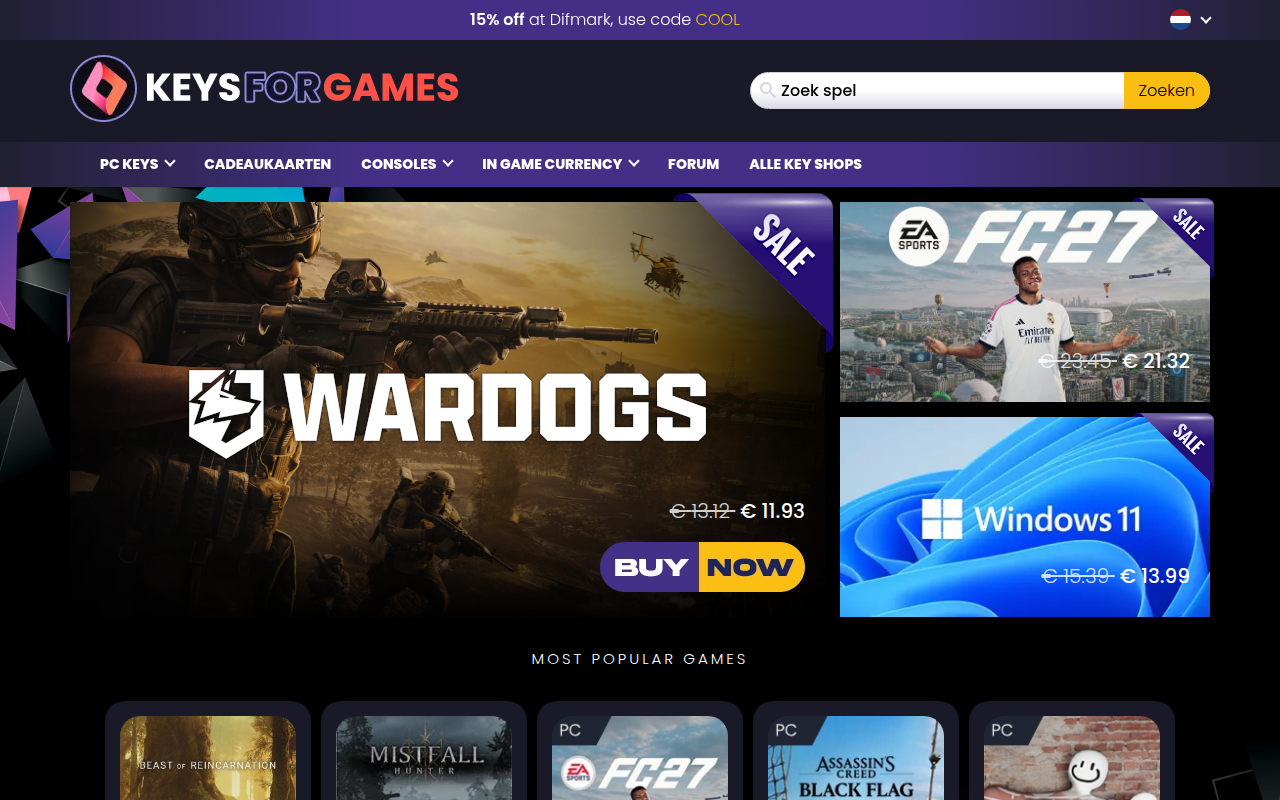 Screenshot van keysforgames.nl