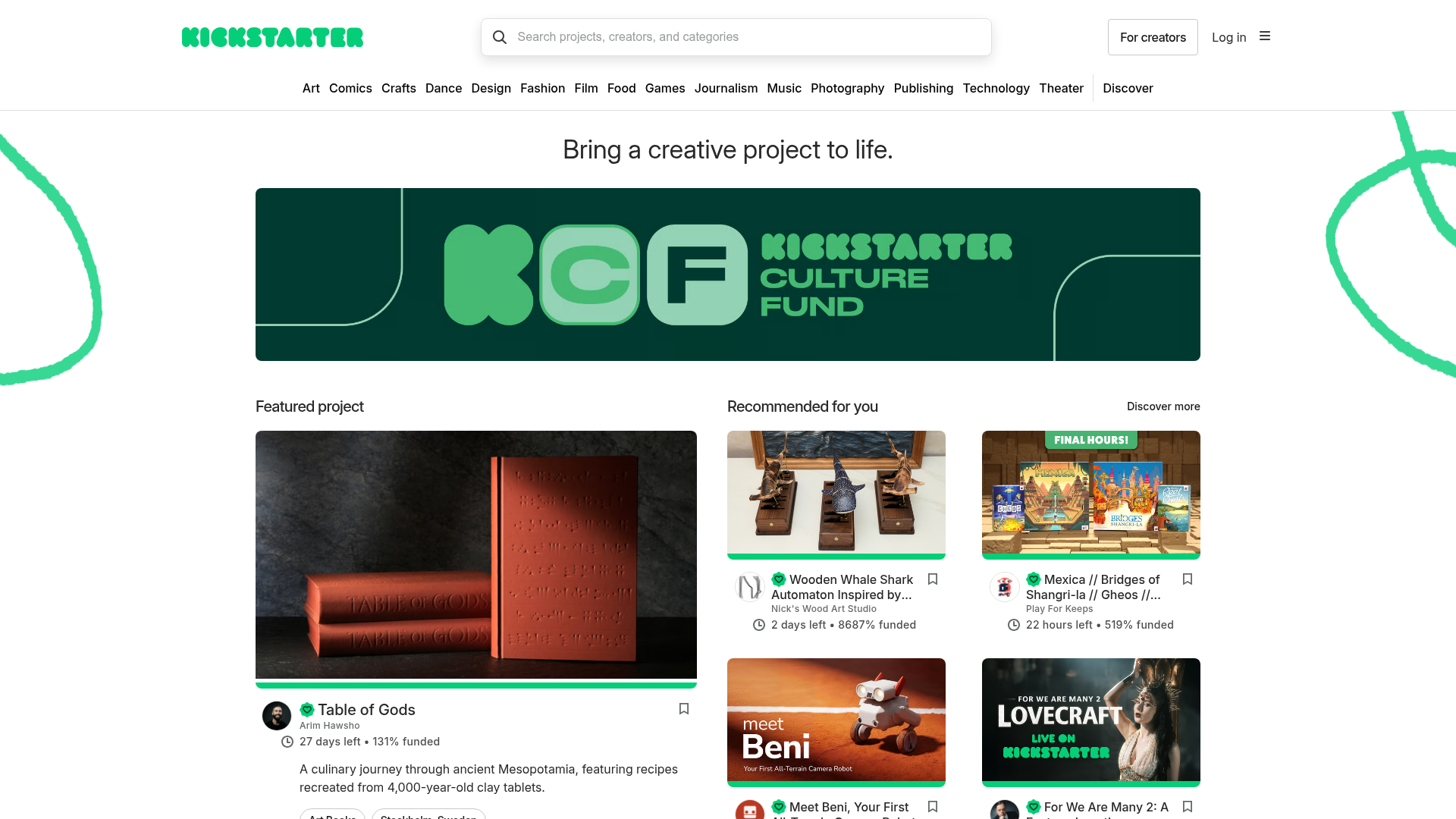 Screenshot van kickstarter.com