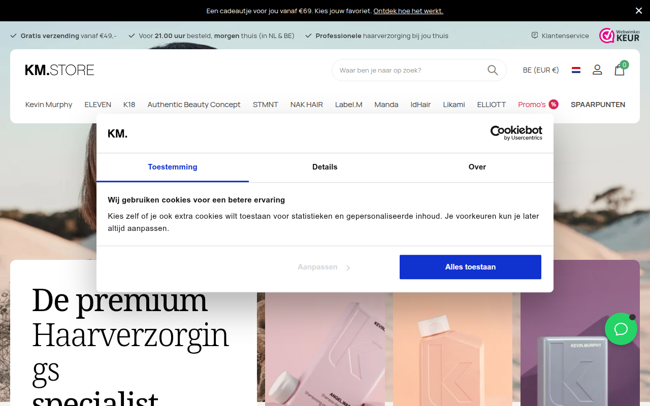 Screenshot van kmstore.be