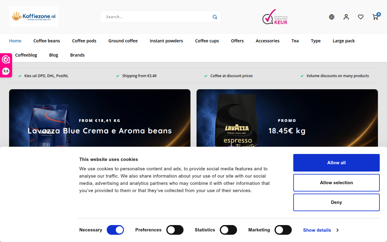Screenshot van koffiezone.nl