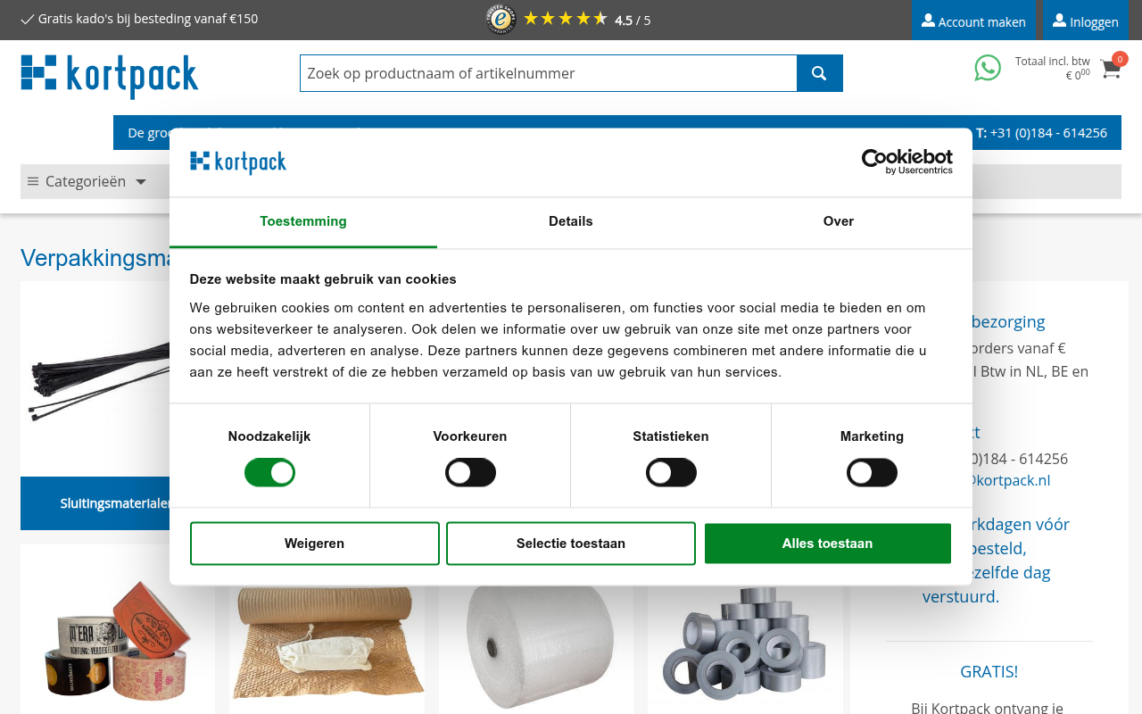 Screenshot van kortpack.nl