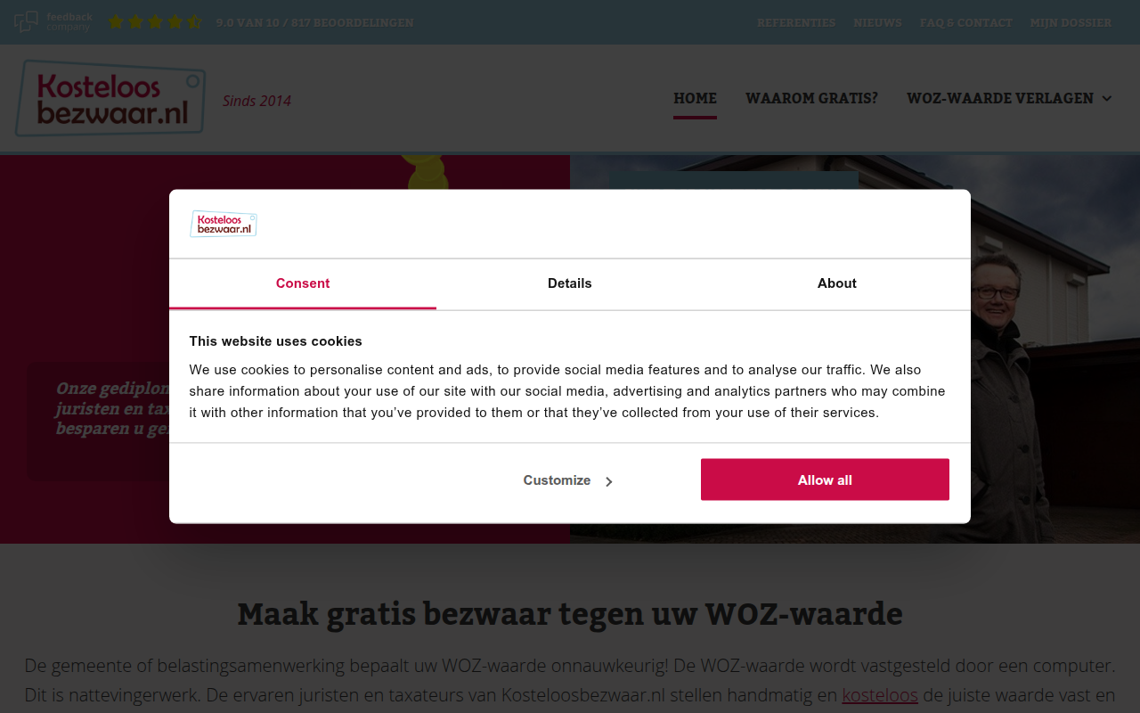 Screenshot van kosteloosbezwaar.nl