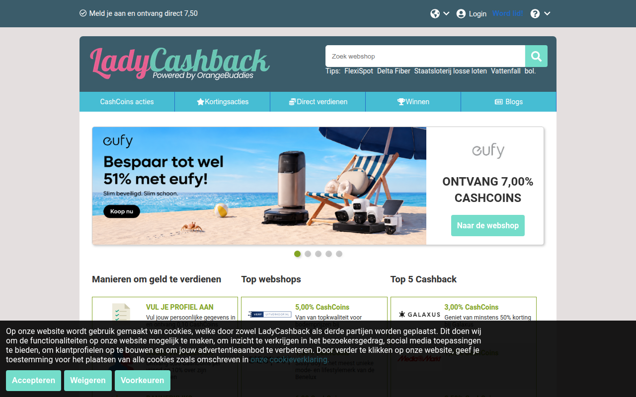 Screenshot van ladycashback.nl