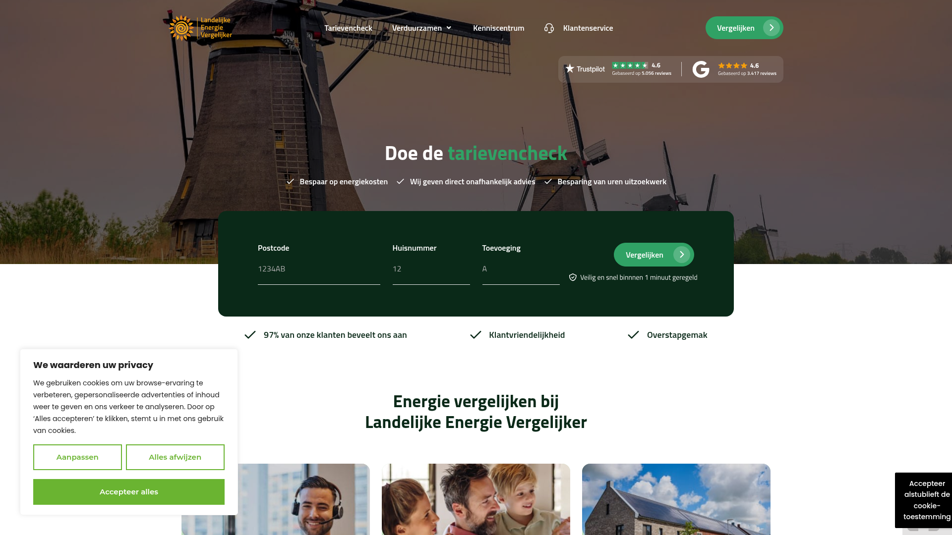 Screenshot van landelijkeenergievergelijker.nl