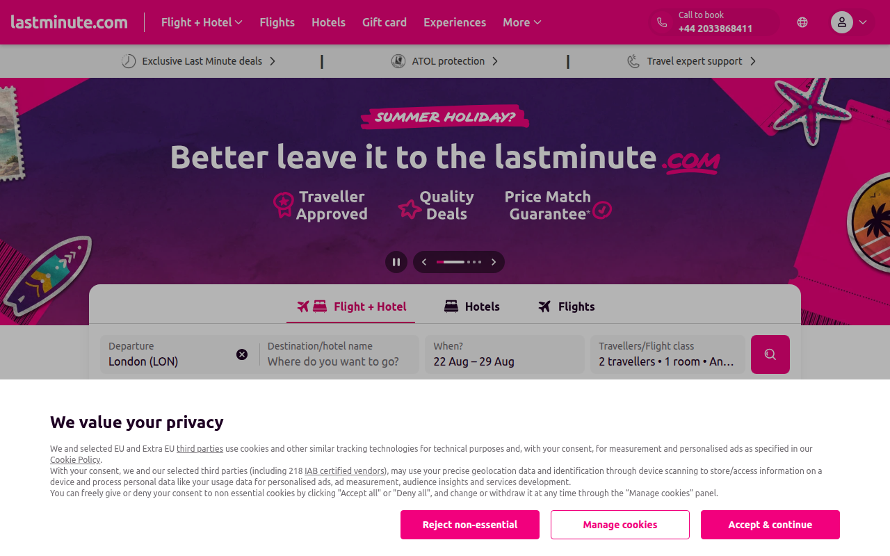 Screenshot van lastminute.com