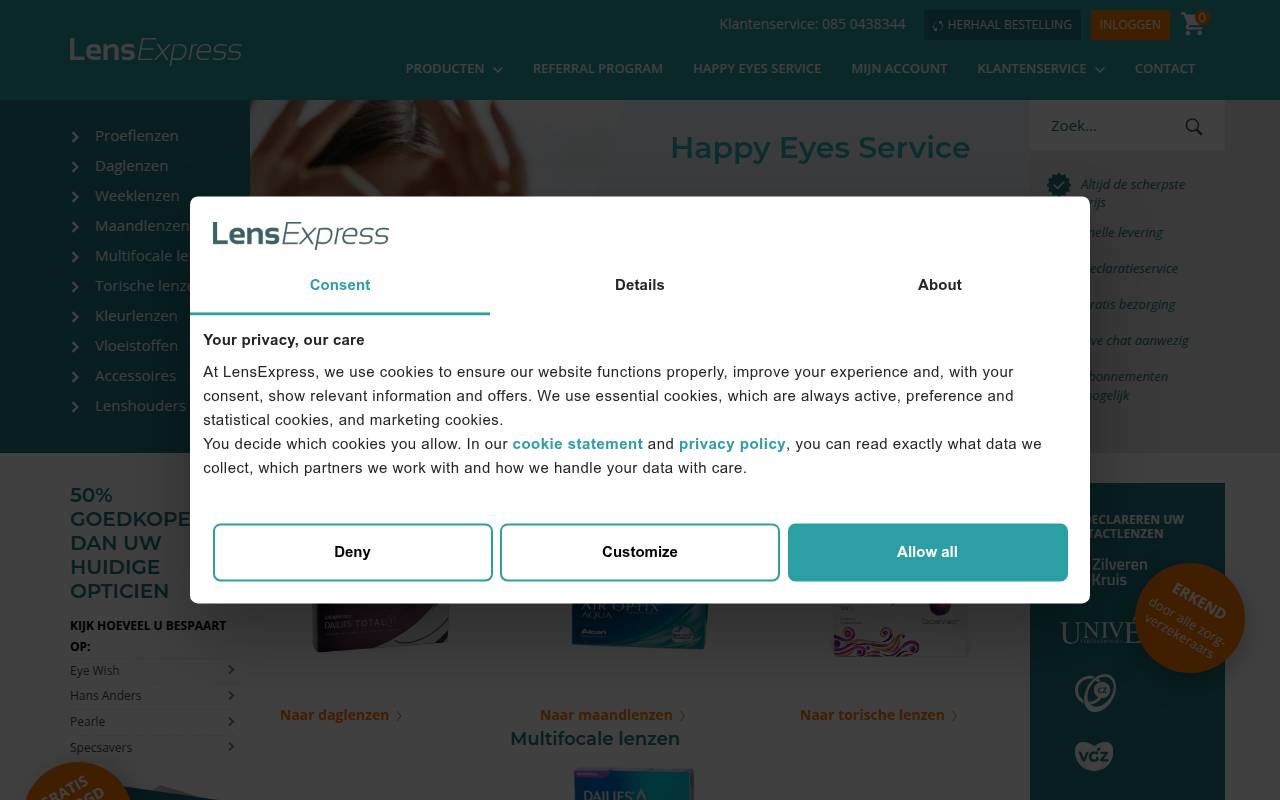 Screenshot van lensexpress.nl