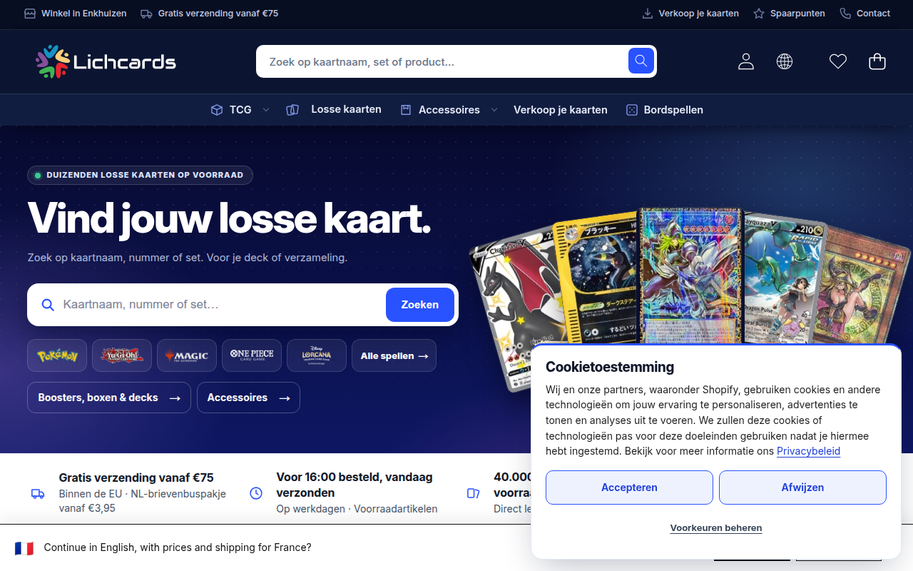 Screenshot van lichcards.nl