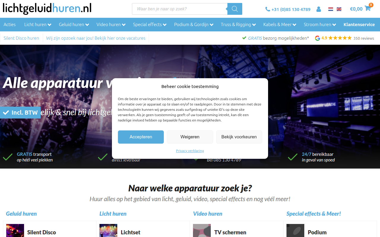 Screenshot van lichtgeluidhuren.nl