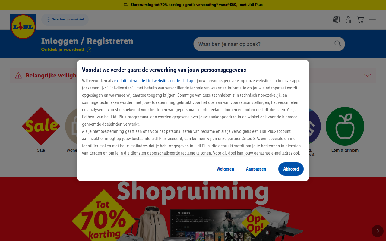 Screenshot van lidl.nl