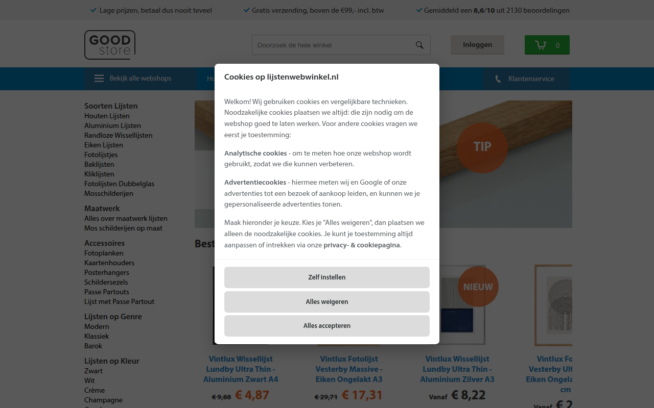 Screenshot van lijstenwebwinkel.nl