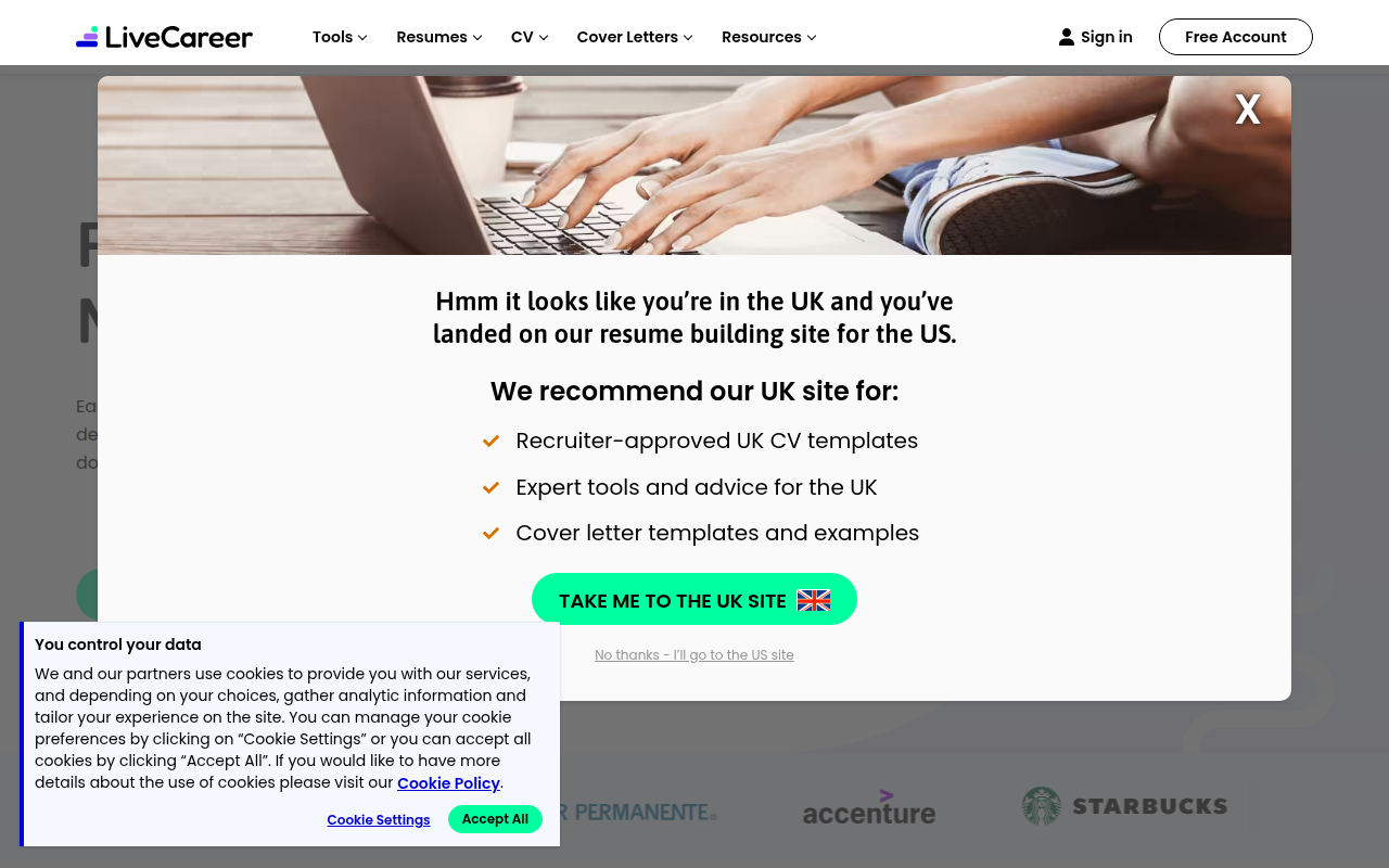 Screenshot van livecareer.com