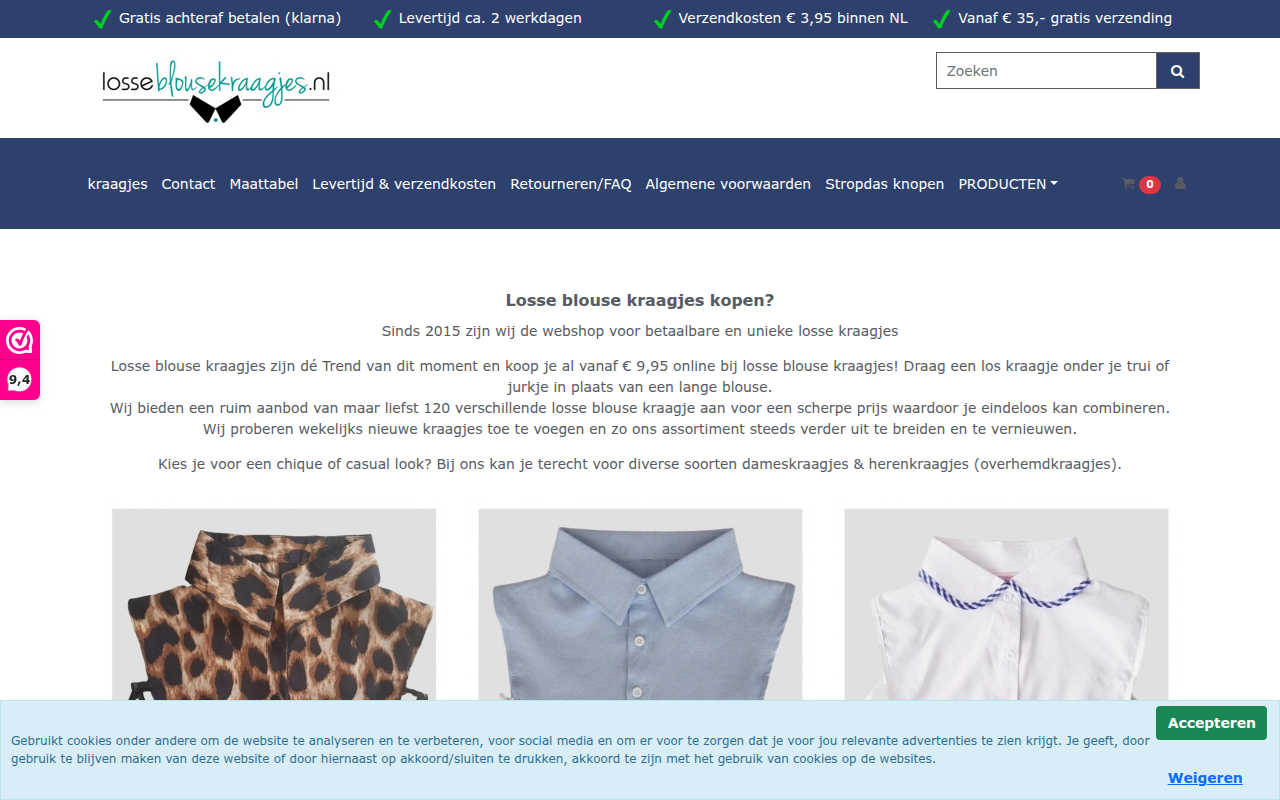 Screenshot van losseblousekraagjes.nl