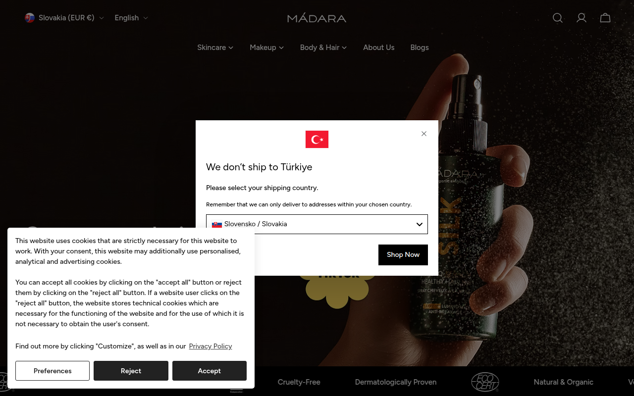 Screenshot van madaracosmetics.com