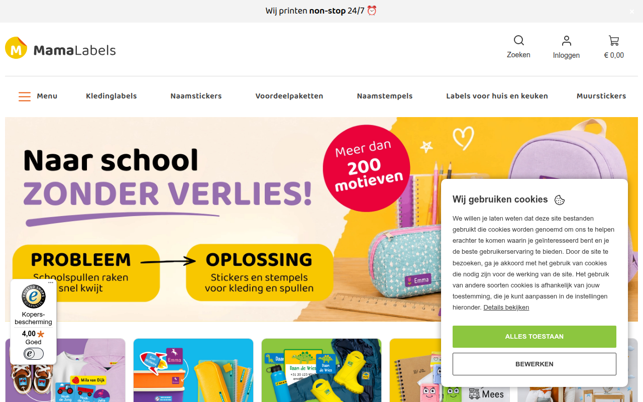 Screenshot van mamalabels.nl
