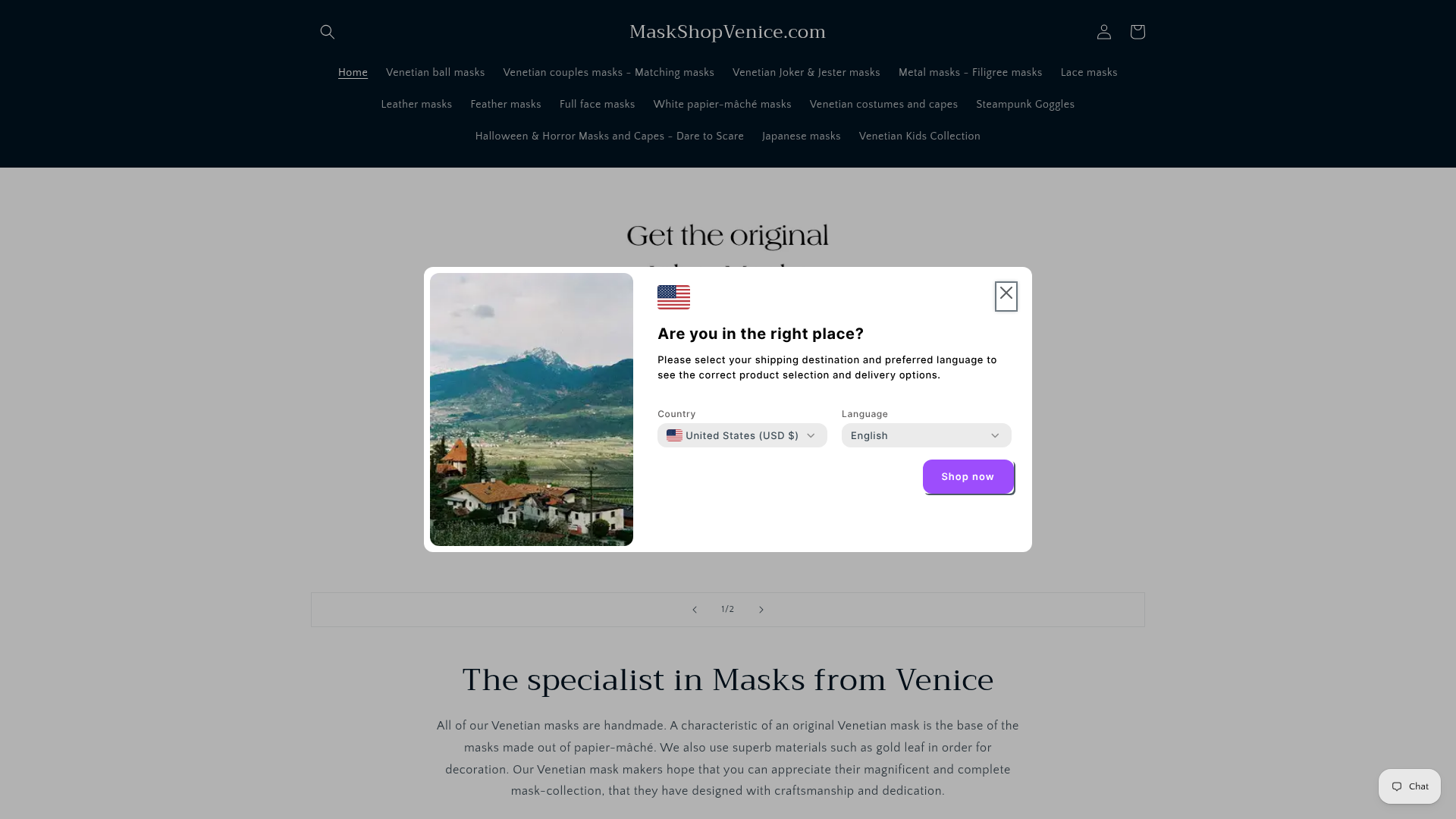 Screenshot van maskerwinkelvenetie.nl