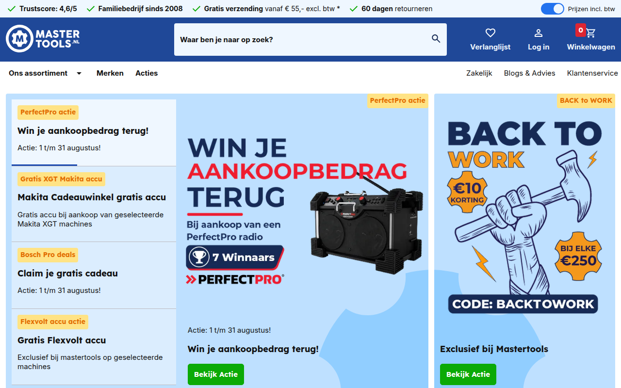 Screenshot van www.mastertools.nl