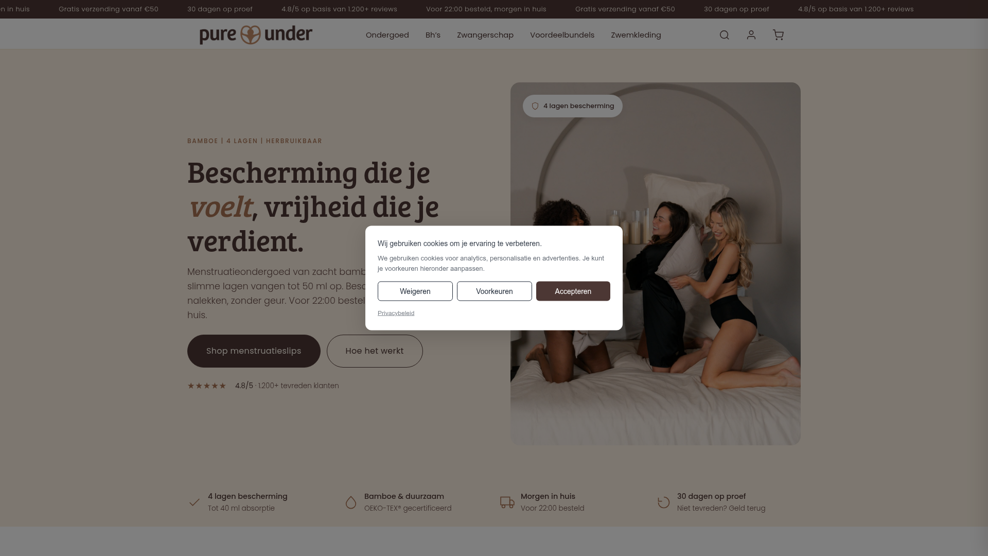 Screenshot van menstruatieondergoed.nl