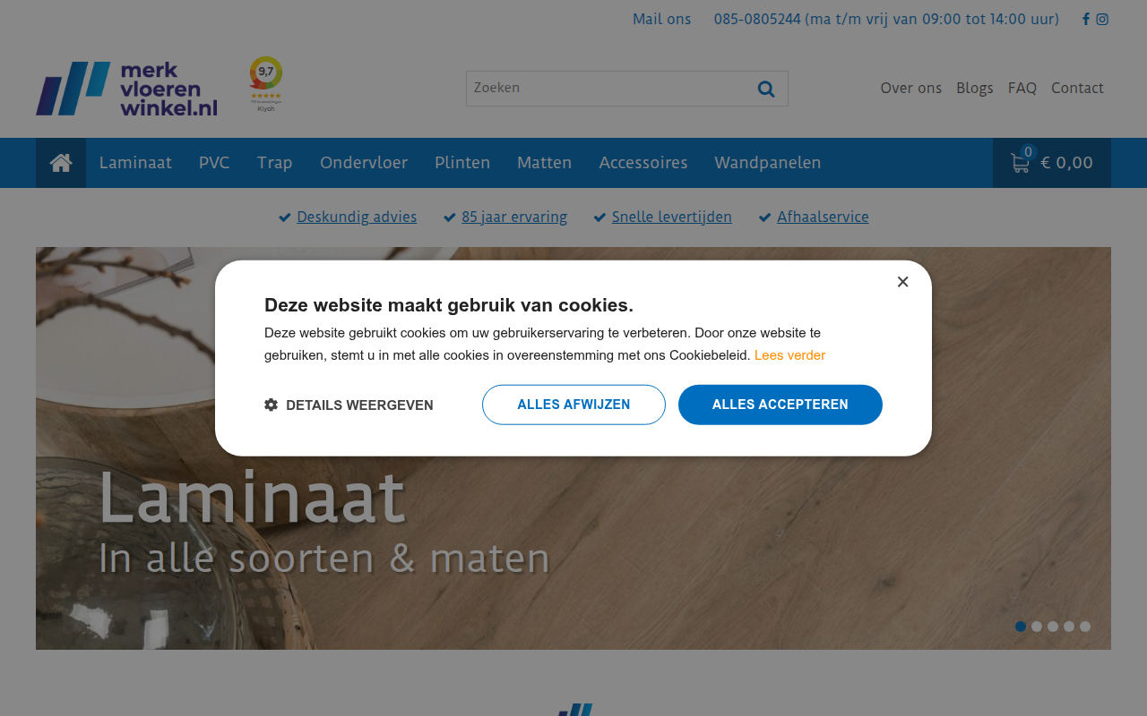Screenshot van merkvloerenwinkel.nl