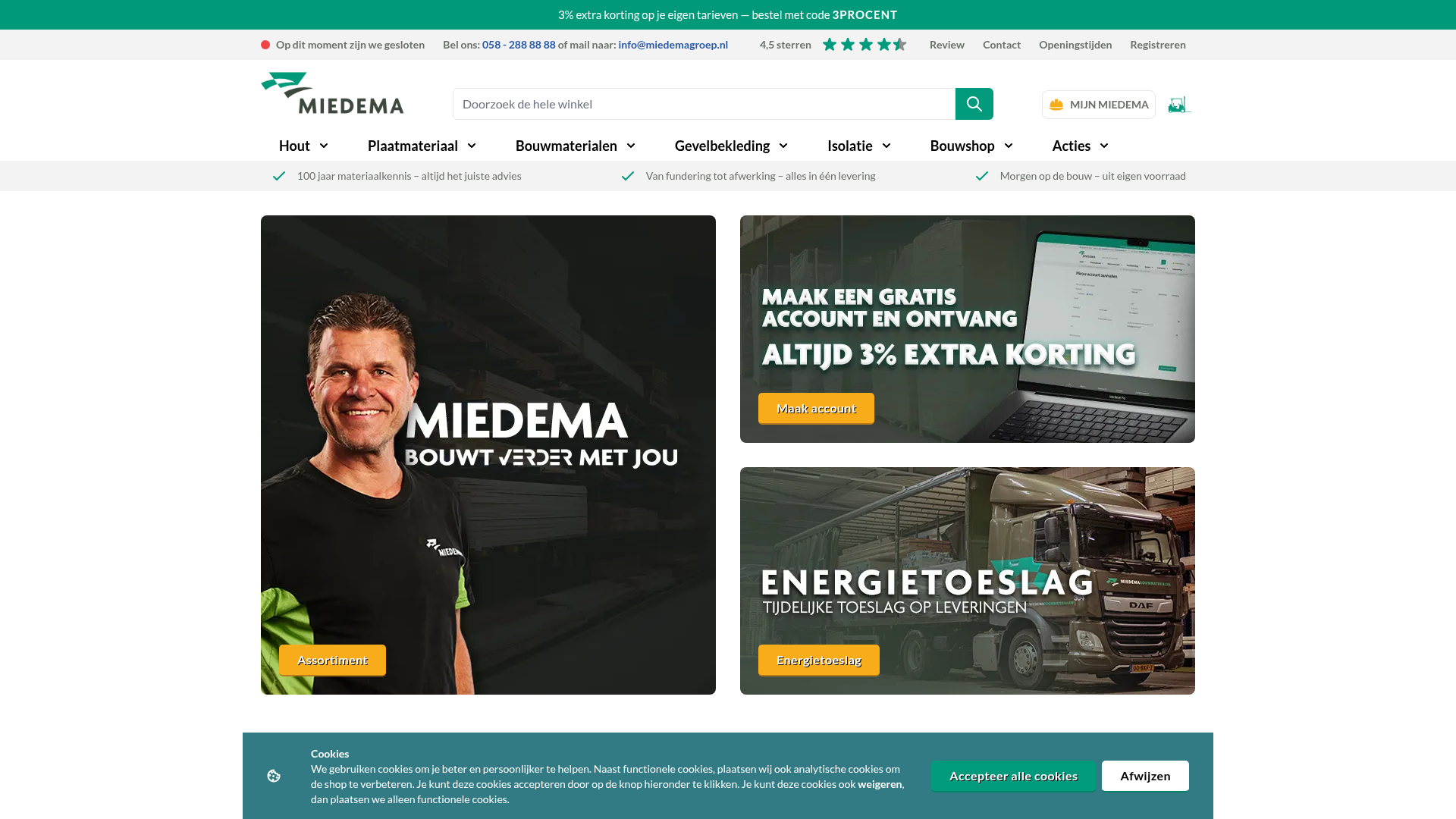 Screenshot van miedemabouwmaterialen.nl
