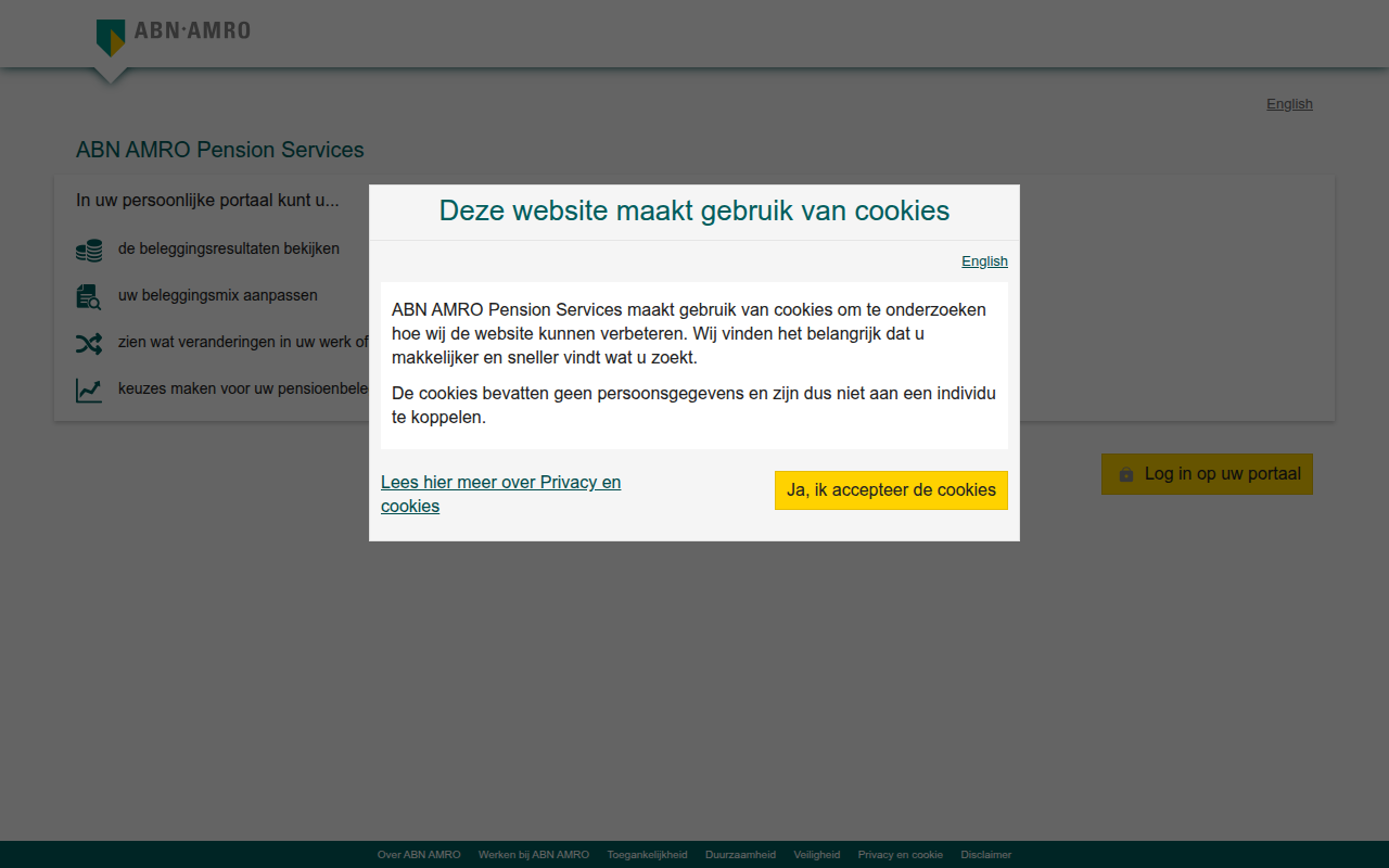 Screenshot van mijnportaal.abnamropensionservices.nl