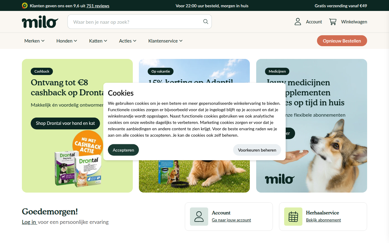 Screenshot van milo.nl