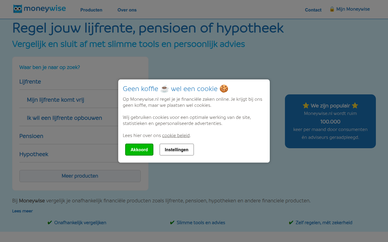 Screenshot van moneywise.nl