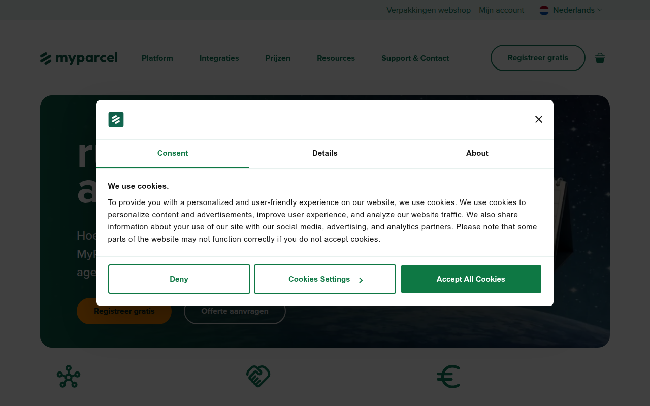 Screenshot van myparcel.nl