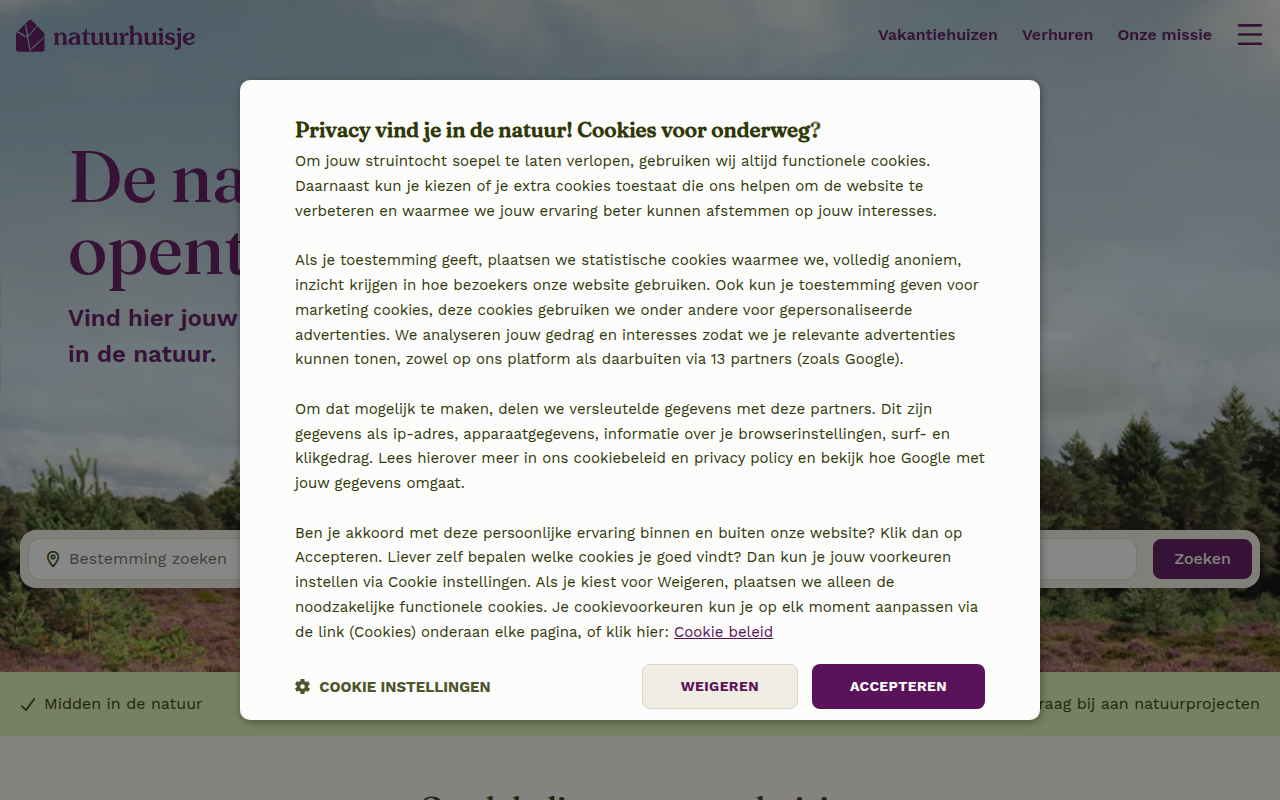 Screenshot van natuurhuisje.nl