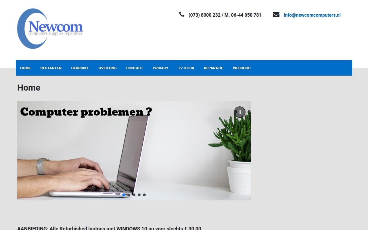 Screenshot van newcomcomputers.nl