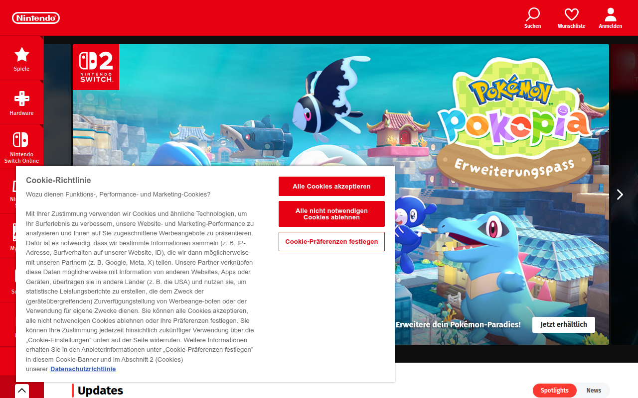 Screenshot van nintendo.com