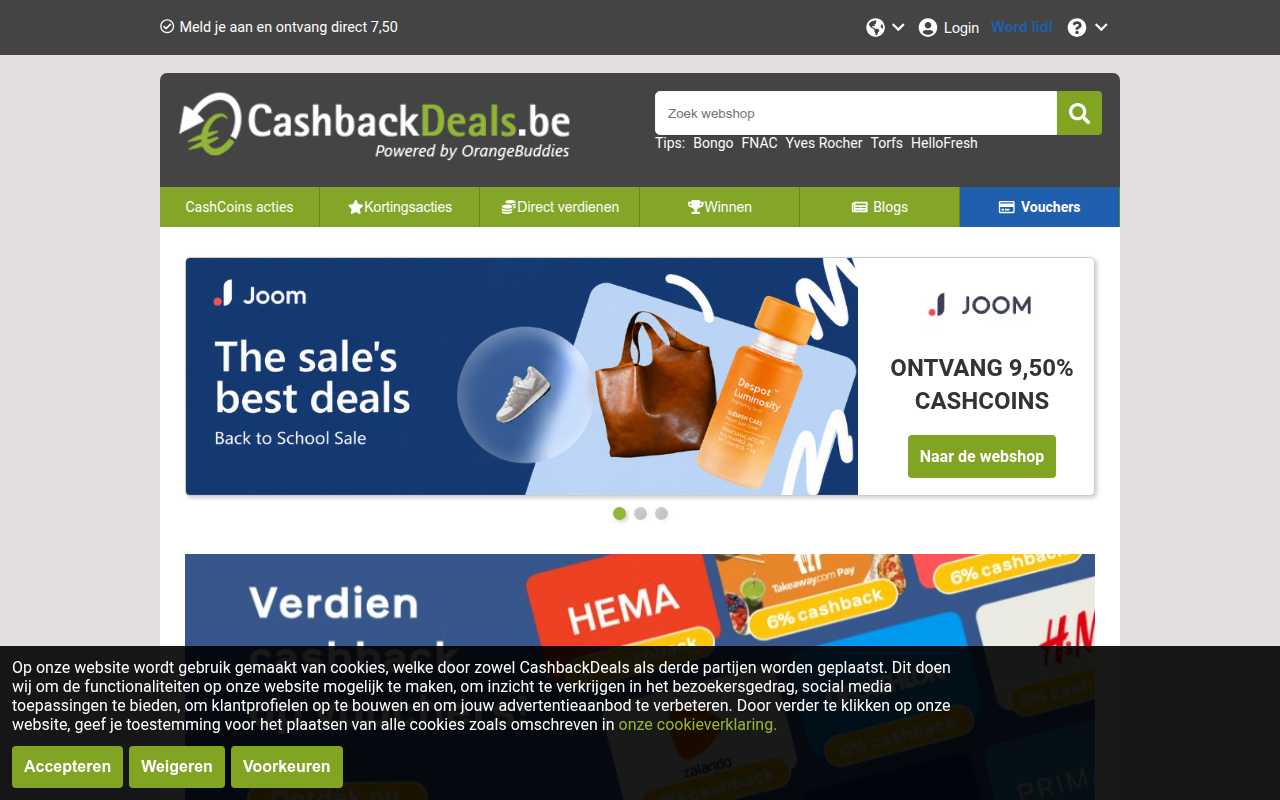 Screenshot van nl-be.cashbackdeals.be