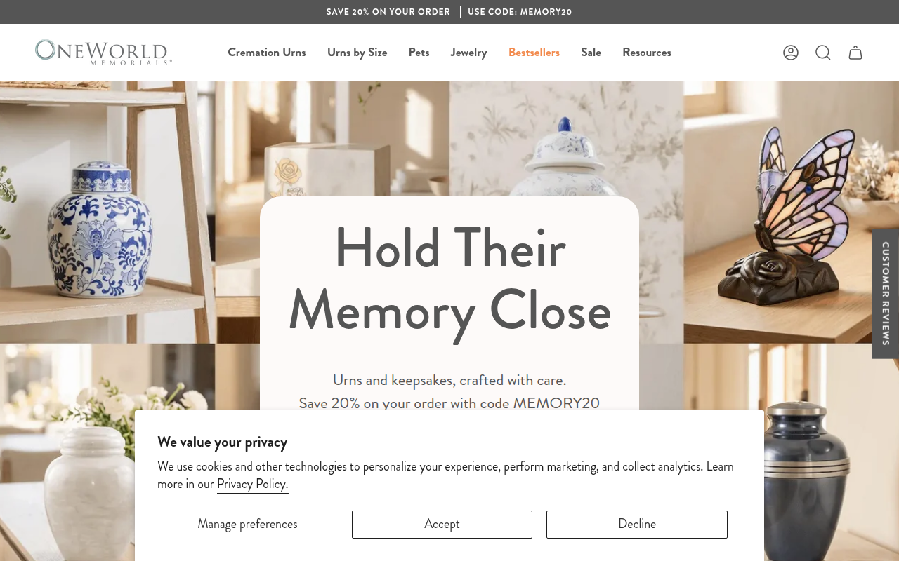 Screenshot van oneworldmemorials.com