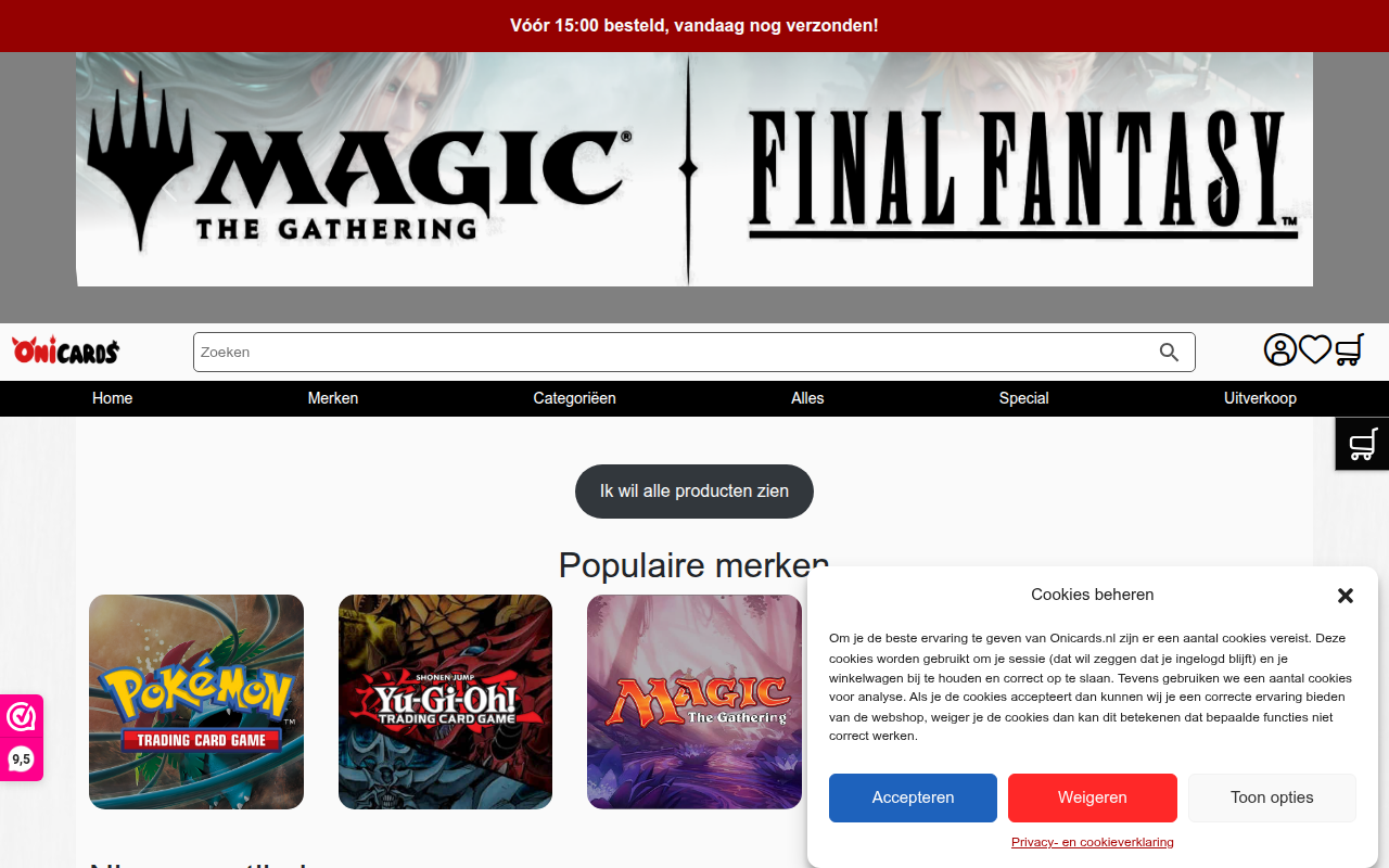 Screenshot van onicards.nl