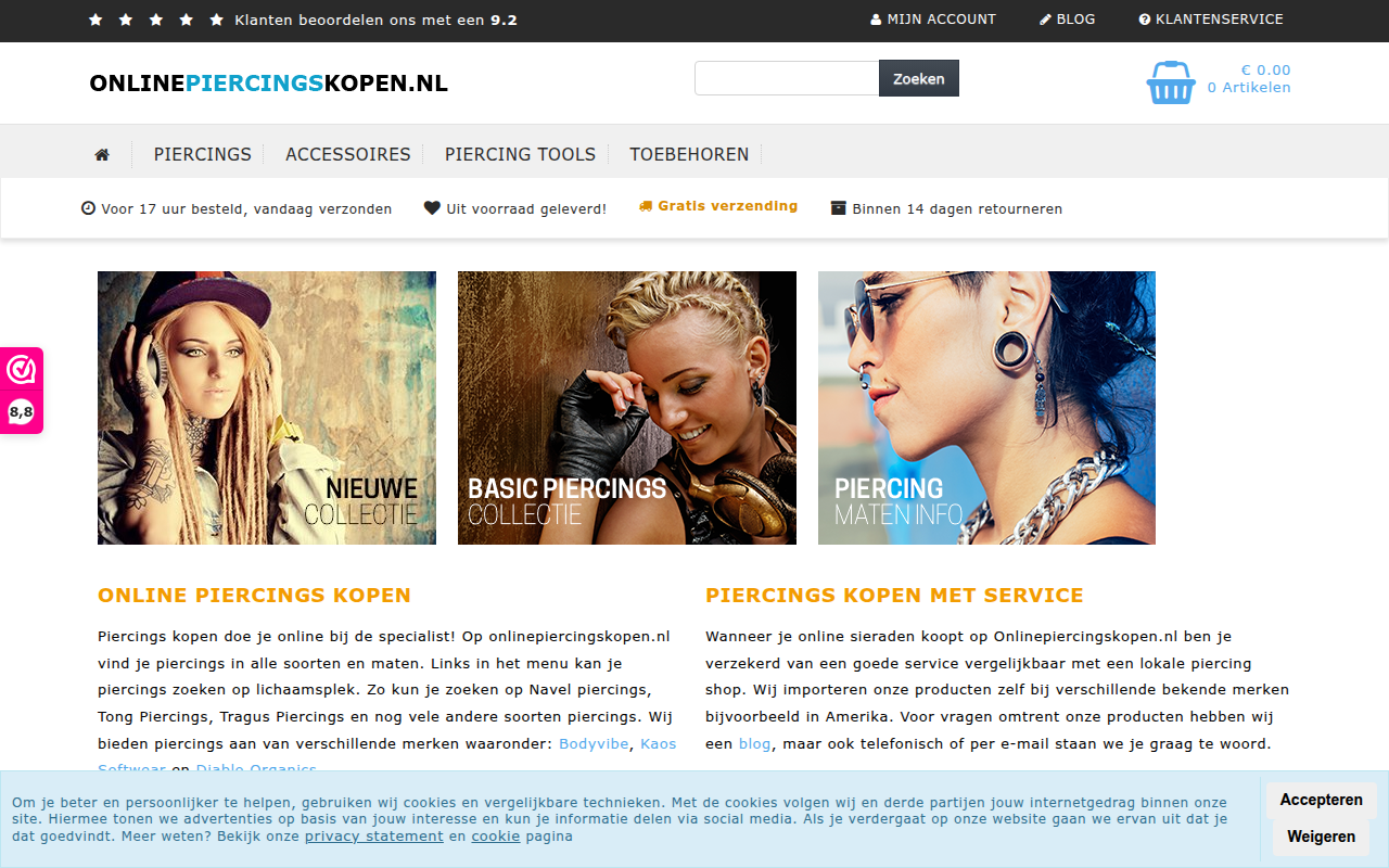 Screenshot van onlinepiercingskopen.nl