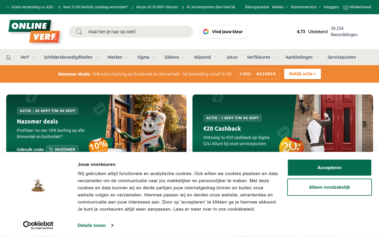 Screenshot van onlineverf.nl