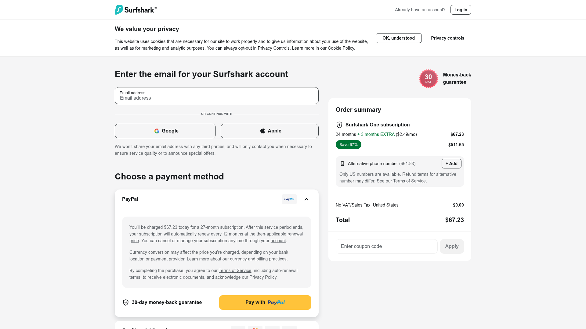 Screenshot van order.surfshark.com