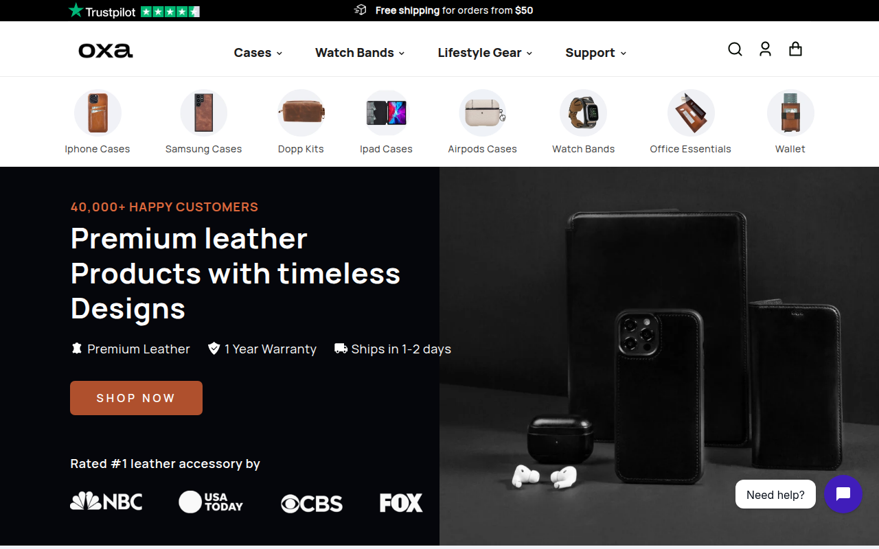 Screenshot van oxaleather.com