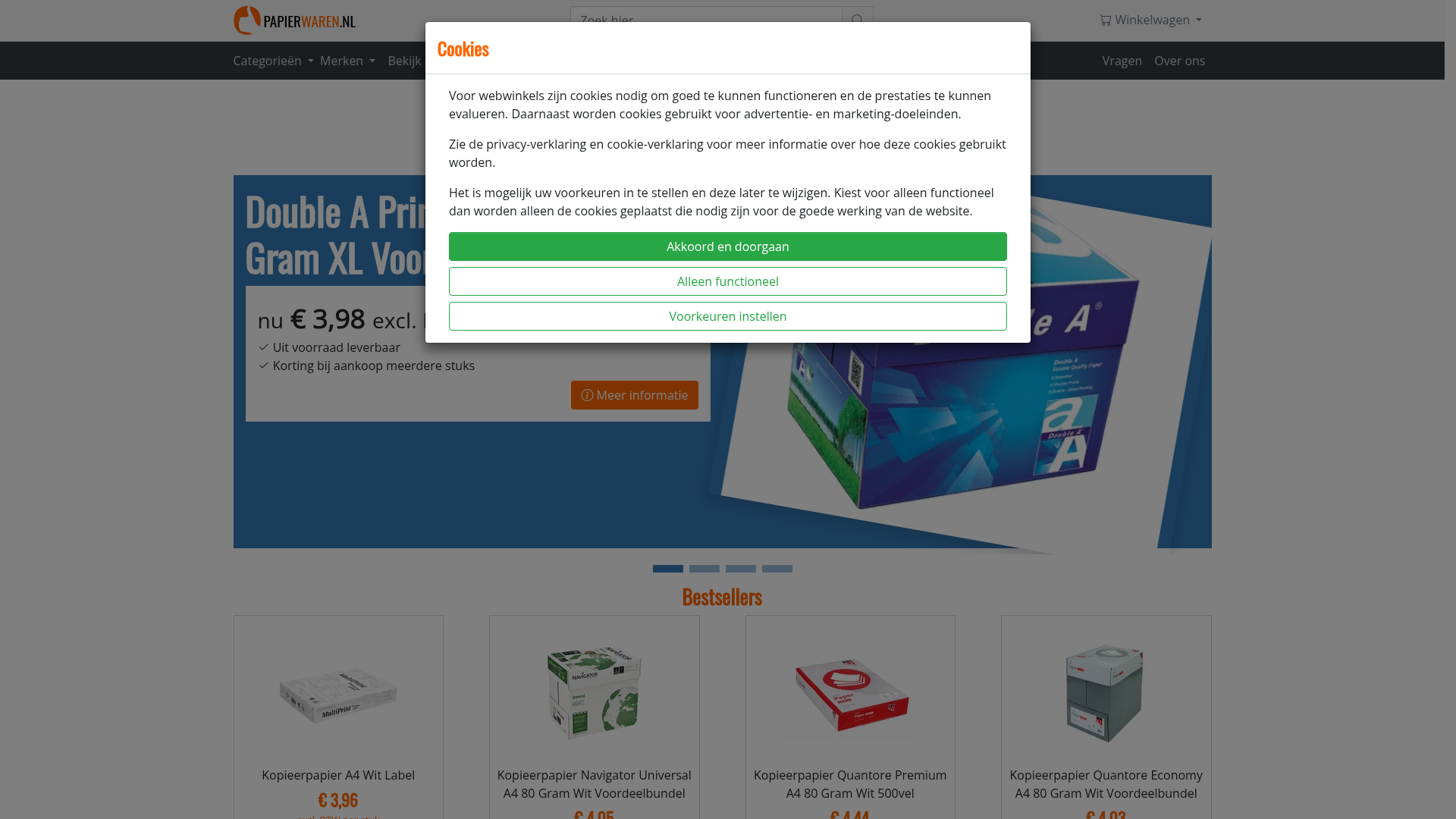 Screenshot van papierwaren.nl