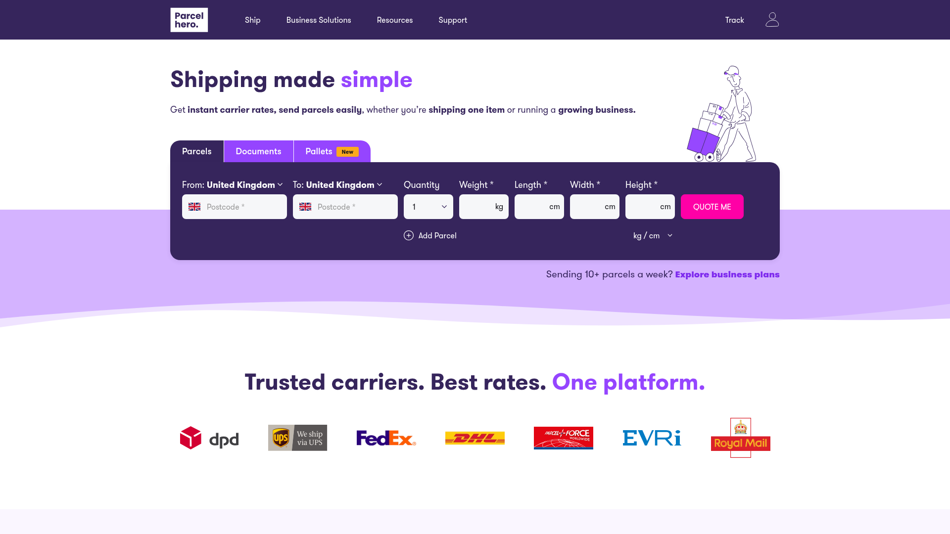 Screenshot van parcelhero.com