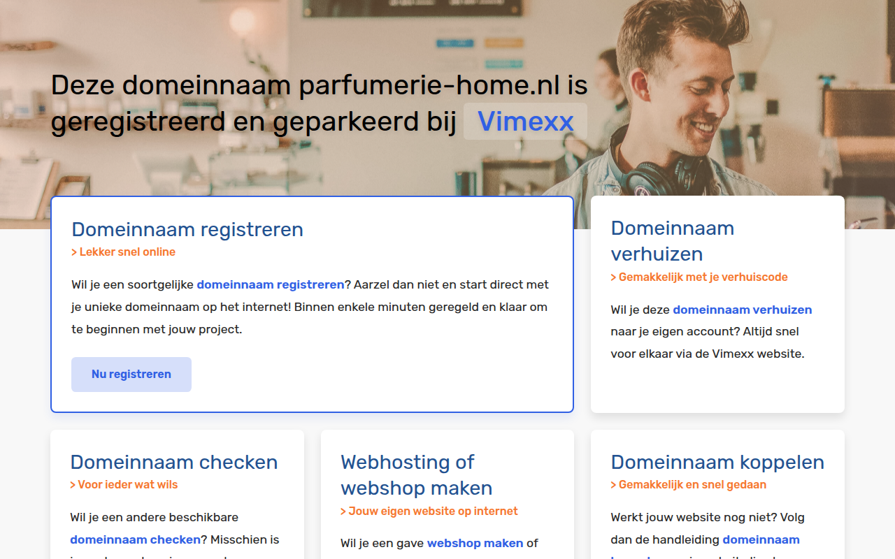 Screenshot van Deze domeinnaam parfumerie-home.nl is geregistreerd en geparkeerd bij Vimexx