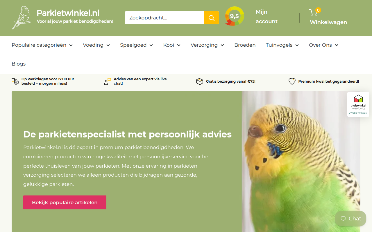 Screenshot van parkietwinkel.nl