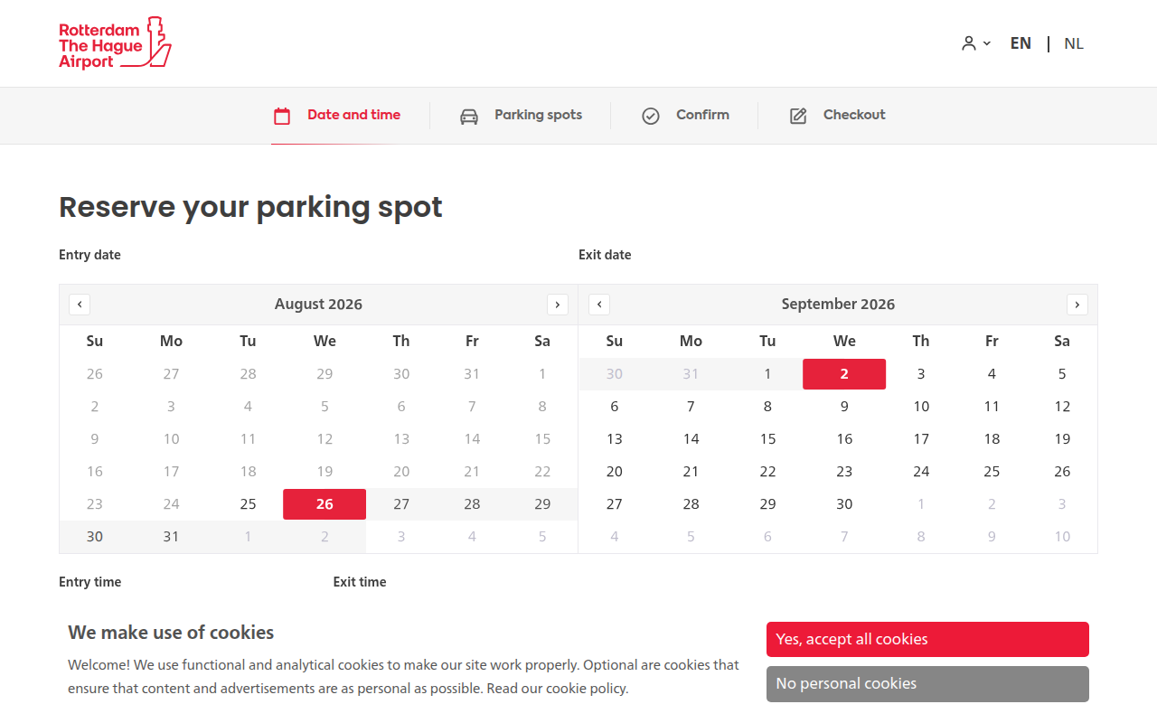 Screenshot van parking.rotterdamthehagueairport.nl