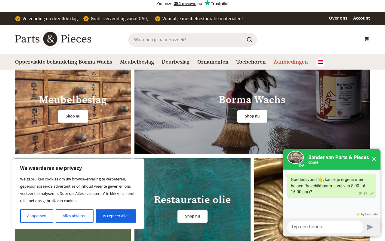 Screenshot van partsandpieces.nl