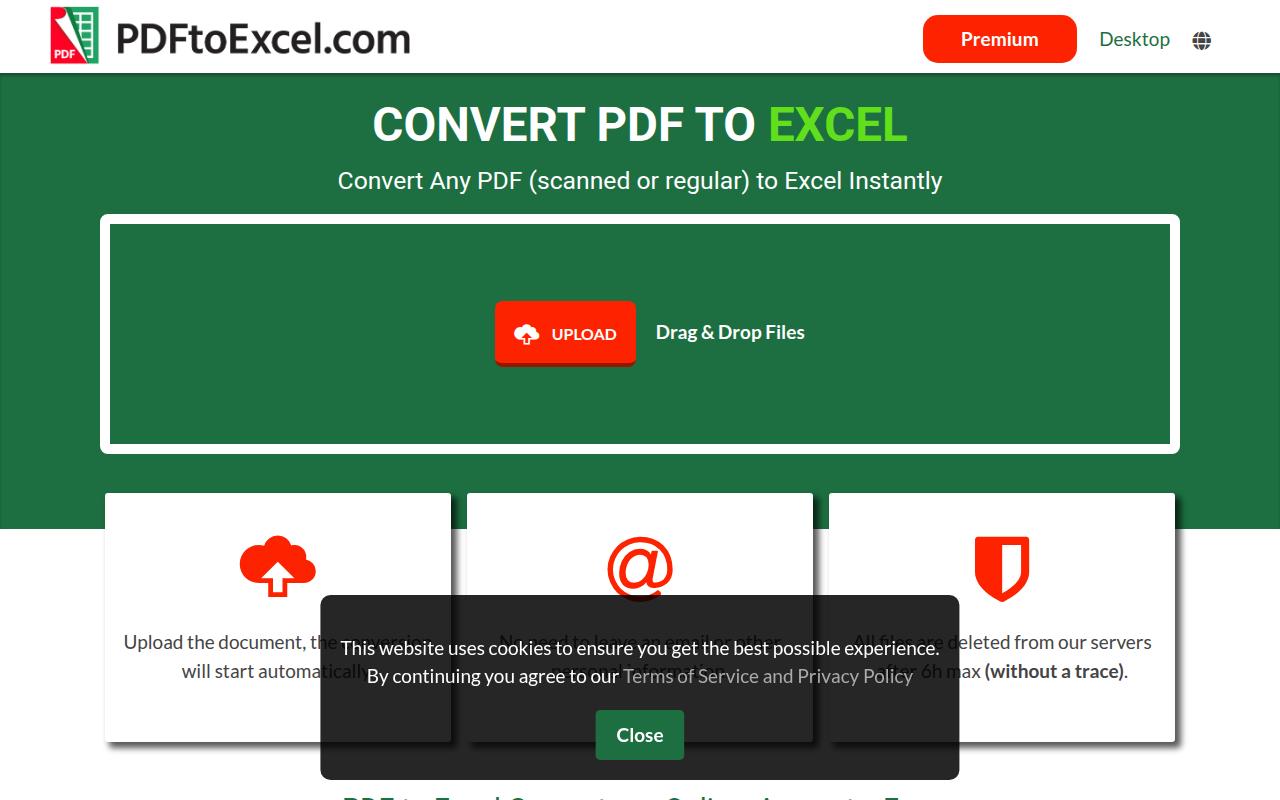 Screenshot van pdftoexcel.com