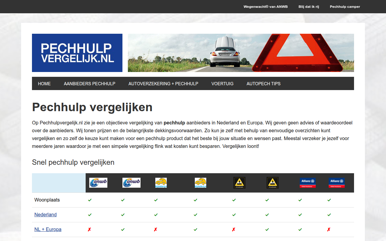 Screenshot van pechhulpvergelijk.nl