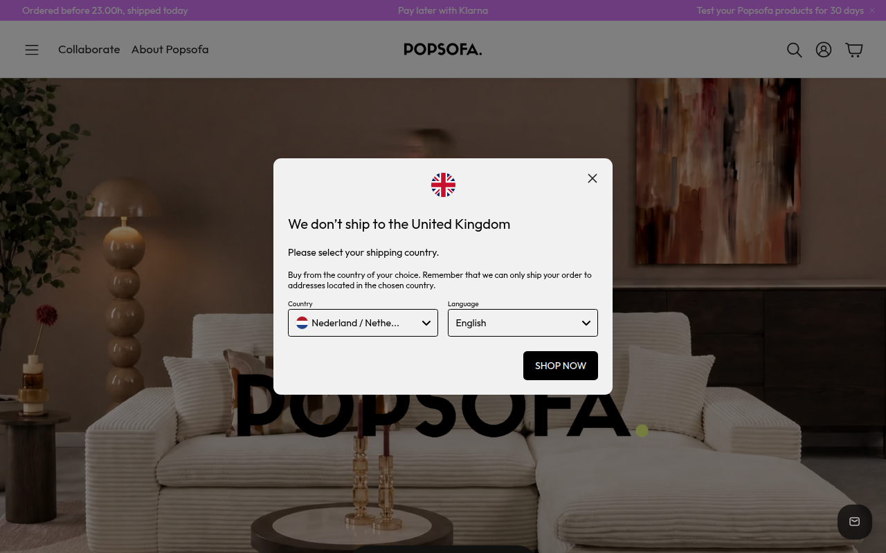 Screenshot van popsofa.com